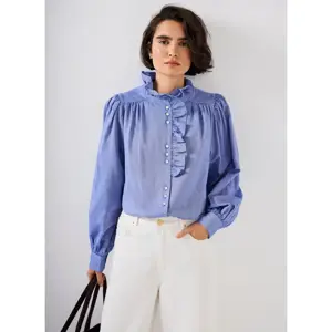 Mint Velvet Blue Cotton Chambray Ruffle Blouse